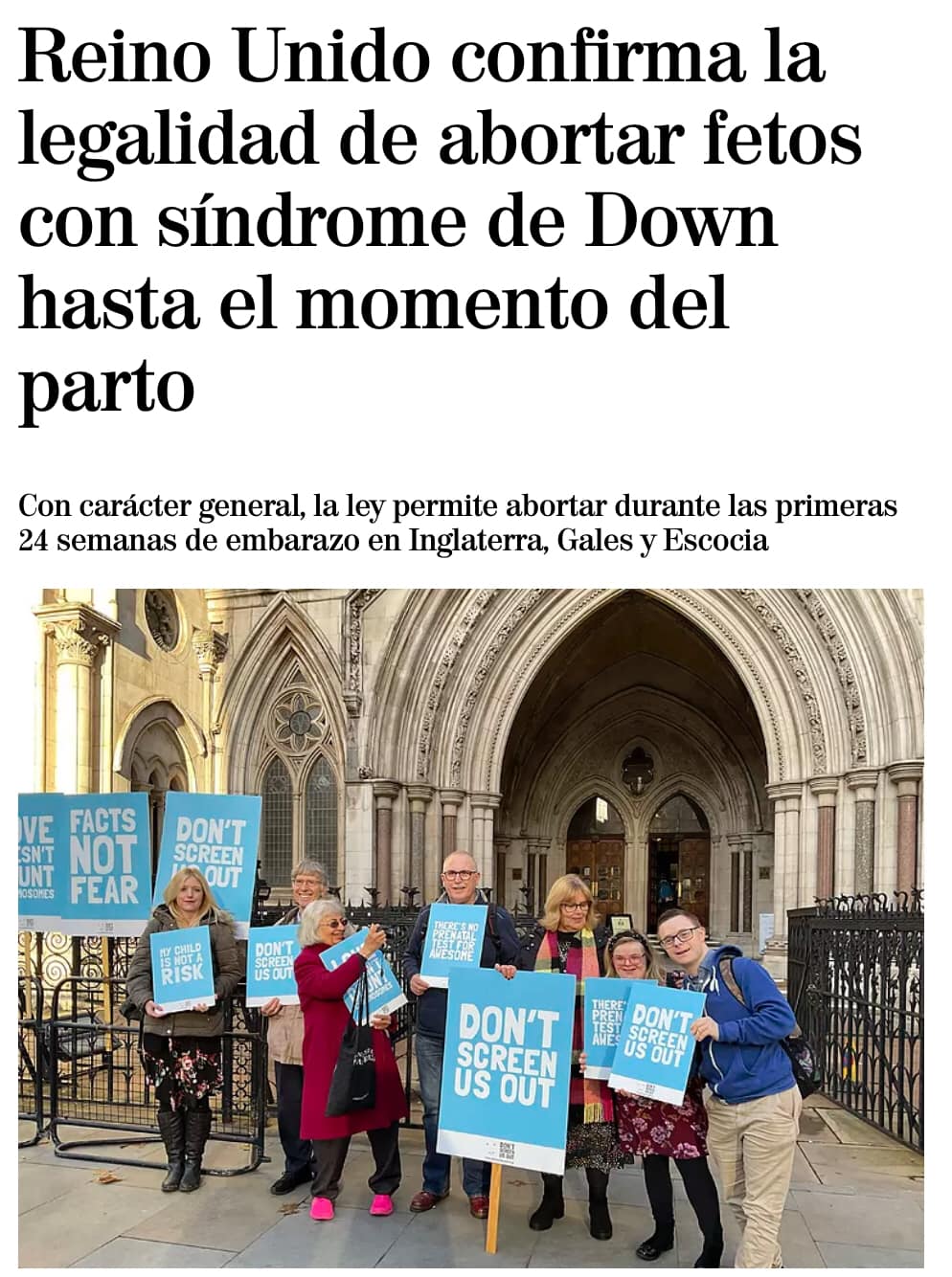 Imagen de una noticia con el siguiente titular: "Reino Unido confirma la legalidad de abortar fetos con Síndrome de Down hasta el momento del parto"