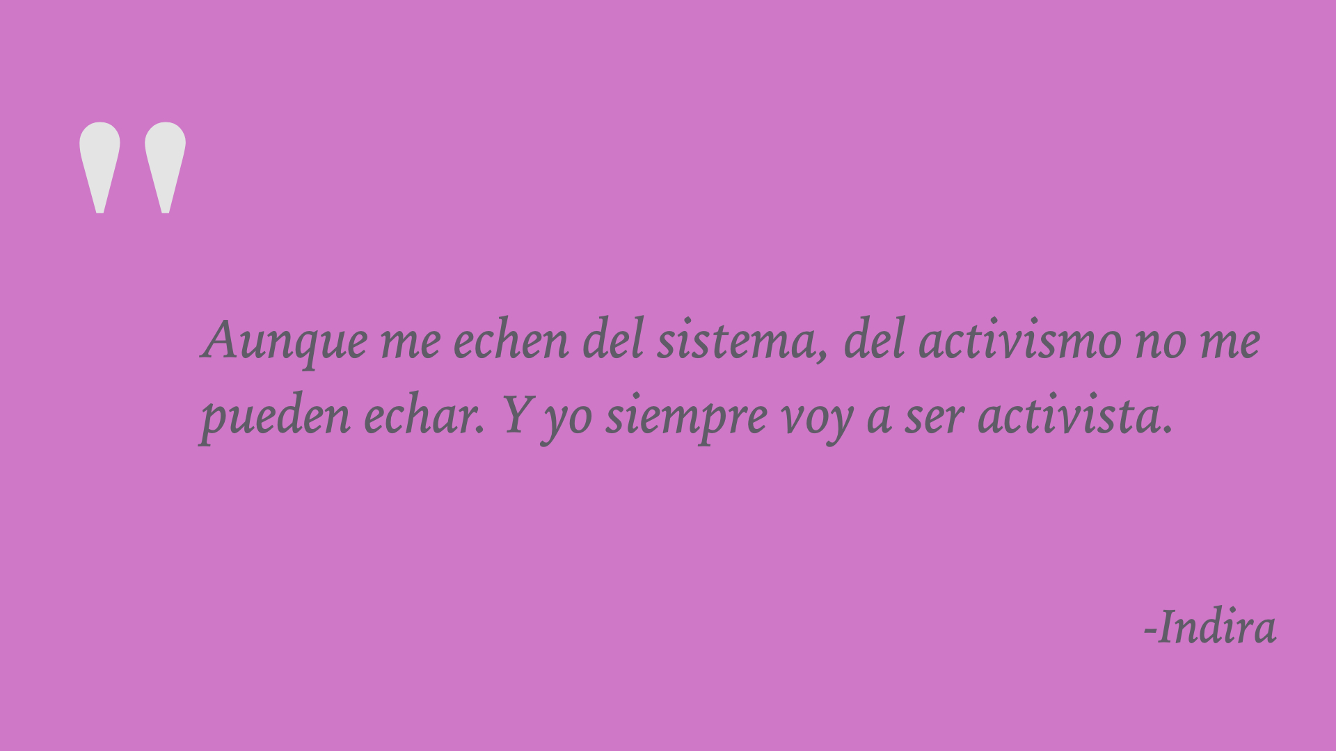Recuadro con fondo rosa donde aparece escrito con letras grises: " Aunque me echen del sistema, del activismo no me pueden echar. Y yo siempre voy a ser activista” (Indira)