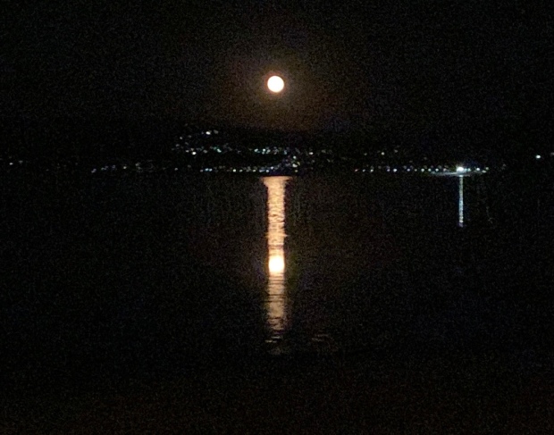 Imagen nocturna donde aparece la luna llena y se refleja sobre la superficie del mar.
